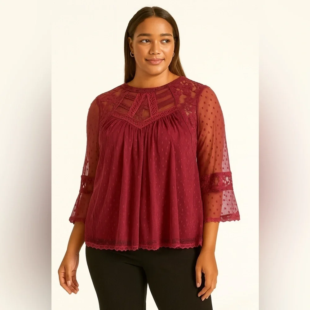 Free People Elegant Lace Burgundy Top.  Size-Small